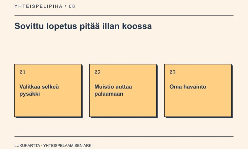Lukukartta: Sovittu lopetus pitää illan koossa. Valitkaa selkeä pysäkki, Muistio auttaa palaamaan, Oma havainto.